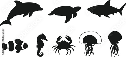 PrintMarine animal silhouette vector illustration set, ocean life black shadow graphic, dolphin turtle shark fish crab seahorse jellyfish design