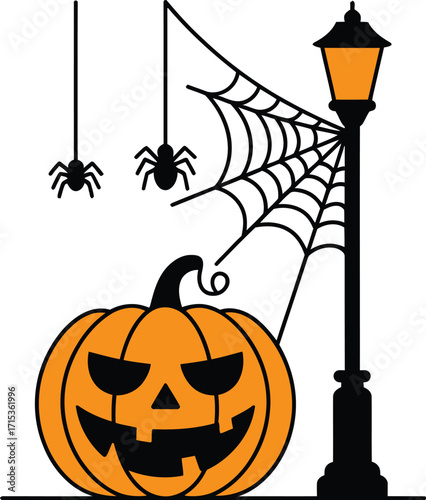 Orange jack o lantern with spiders and lamppost halloween