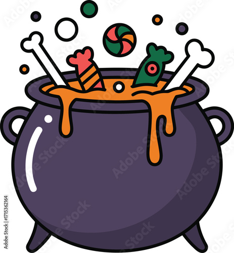 Purple cauldron with bubbling orange liquid and Halloween treats