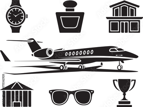 Luxury lifestyle icons jet plane house watch trophy