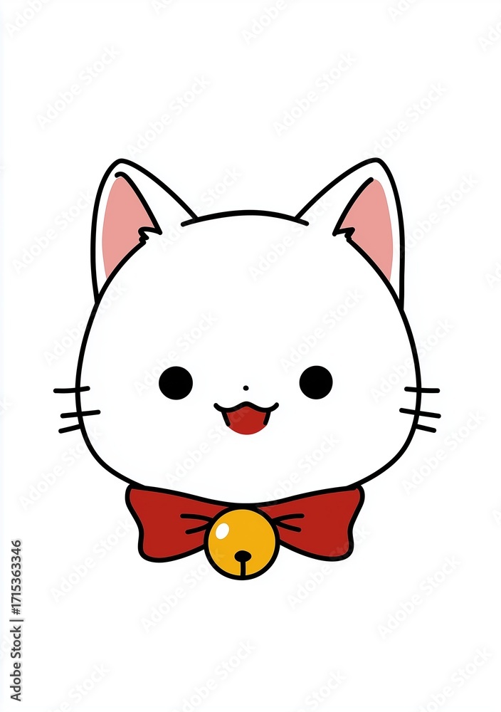 Fototapeta premium Simple vector line drawing of an adorable white cat head and neck with red collar and yellow bell, cute kawaii clip art sticker style, flat minimal illustration with bold outlines isolated