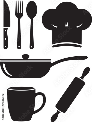 Professional chef tools, kitchenware, cooking icons, culinary set