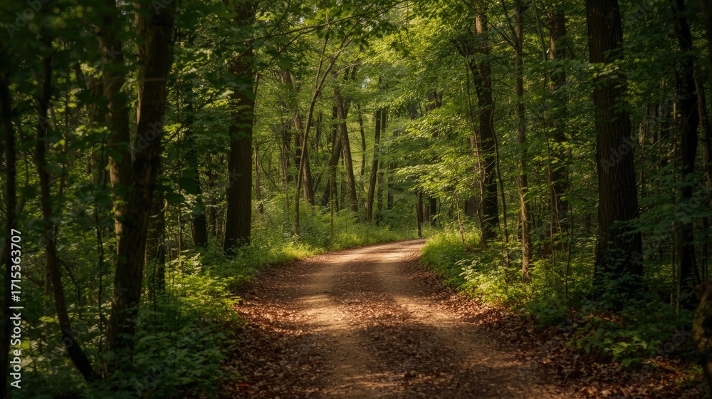 Naklejka premium A sun-drenched woodland path winds through a dense forest, dappled with light and shadow.