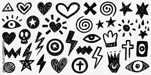 Collection of hand drawn black doodle icons and symbols on white background