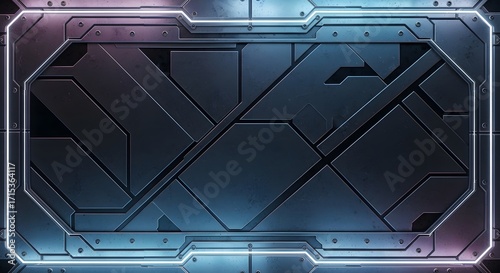 Futuristic Metal Panel with Neon Lights: Sci-Fi Texture Background.