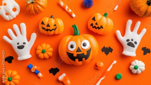 Halloween Flat Lay with Pumpkins and Ghost Gloves