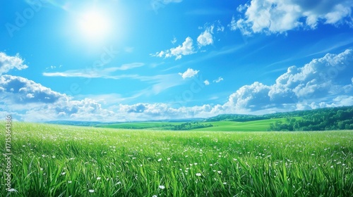 A vibrant green meadow with white flowers under a clear blue sky with fluffy white clouds.