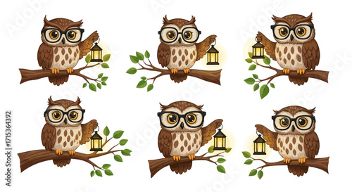A charming collection of six illustrated owls with glasses, each holding a glowing lantern while perched on a leafy tree branch.