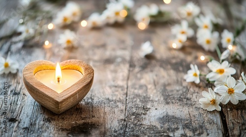 A wooden heart-shaped candle with a lit flame on a rustic wooden table with white flowers and string lights in the background.