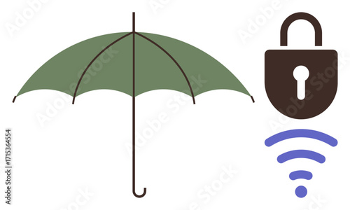 Green umbrella, security lock, and blue wireless signal beneath. Ideal for cybersecurity, online protection, internet safety, secure connection, data privacy, risk management and conceptual