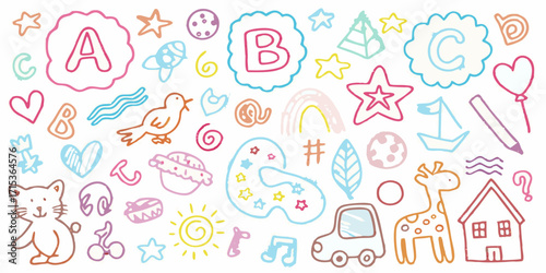 Collection of whimsical hand drawn children s doodles featuring letters animals and objects in pastel colors