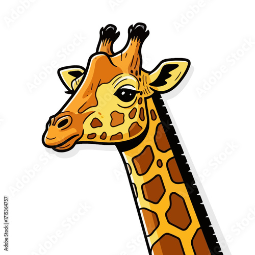 Detailed cartoon illustration of a giraffe head and neck against a white background
