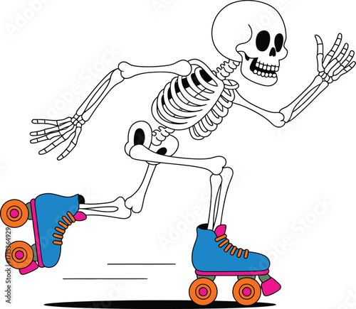 Skeleton on roller skates with blue skates and orange wheels