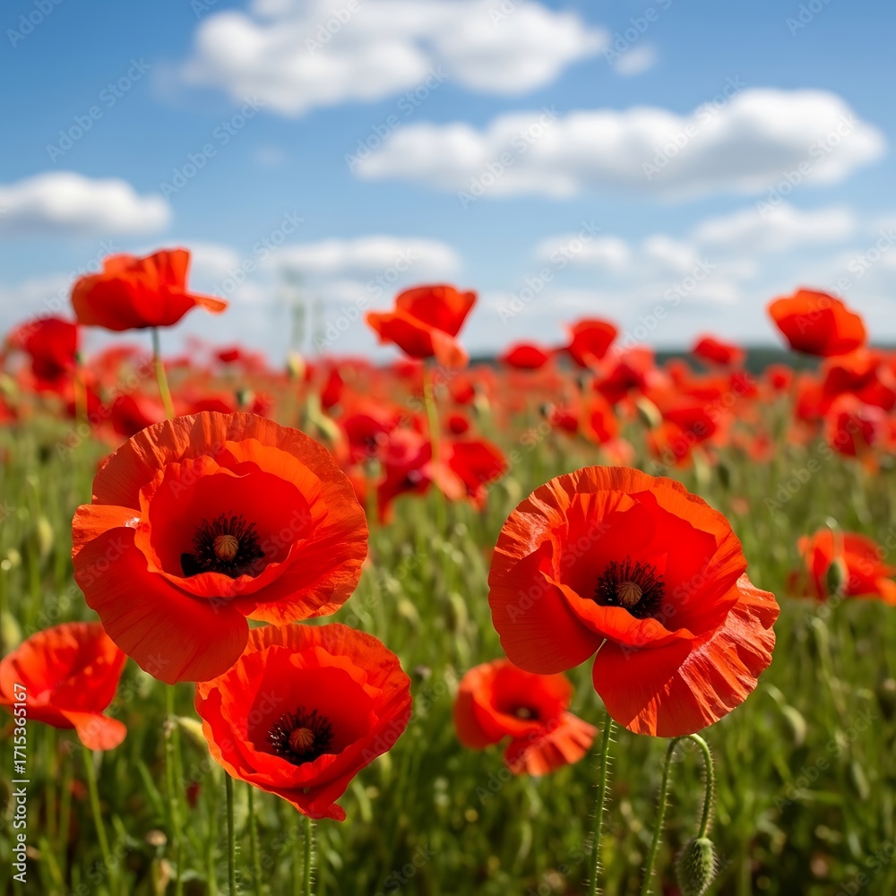 Naklejka premium Vibrant red poppies bloom in a vast field against a backdrop of a partly cloudy sky.