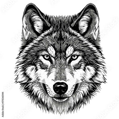Striking grayscale illustration of a powerful wolf's head, showcasing intricate fur details and intense gaze, capturing wild essence with artistic flair