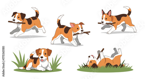 Playful Cartoon Dogs with Sticks in Various Poses on Green Grass