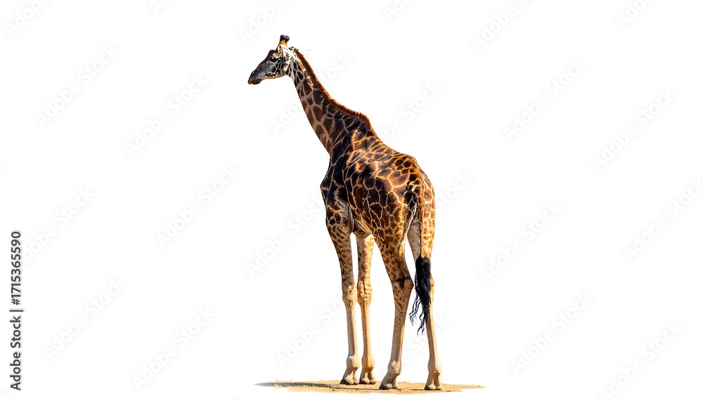 Obraz premium A full shot of a giraffe, standing tall against a plain white background, showcasing its distinctive spotted coat and long neck.