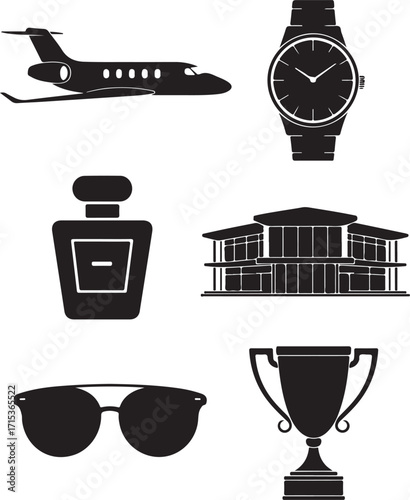 Luxury lifestyle symbols private jet, watch, mansion, trophy
