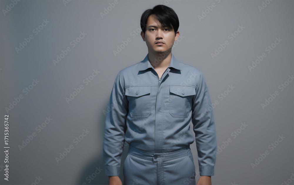 Obraz premium Professional young man in work uniform stands confidently, ready for industrial tasks and manufacturing success