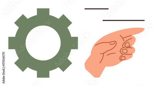 Hand pointing right beside gear, emphasizing process, decision-making, and guidance. Ideal for teamwork, operations, management, innovation efficiency strategy collaboration. A simple flat