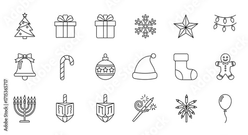 Set of Hand Drawn Christmas and Hanukkah Icons for Holiday Design.