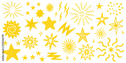 Collection of hand drawn yellow stars and sparkle elements on white background