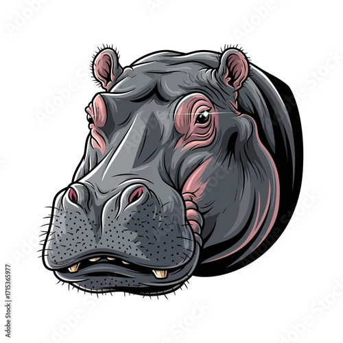 Detailed vector art of a gray hippopotamus head, a powerful African animal portrait with a stern expression