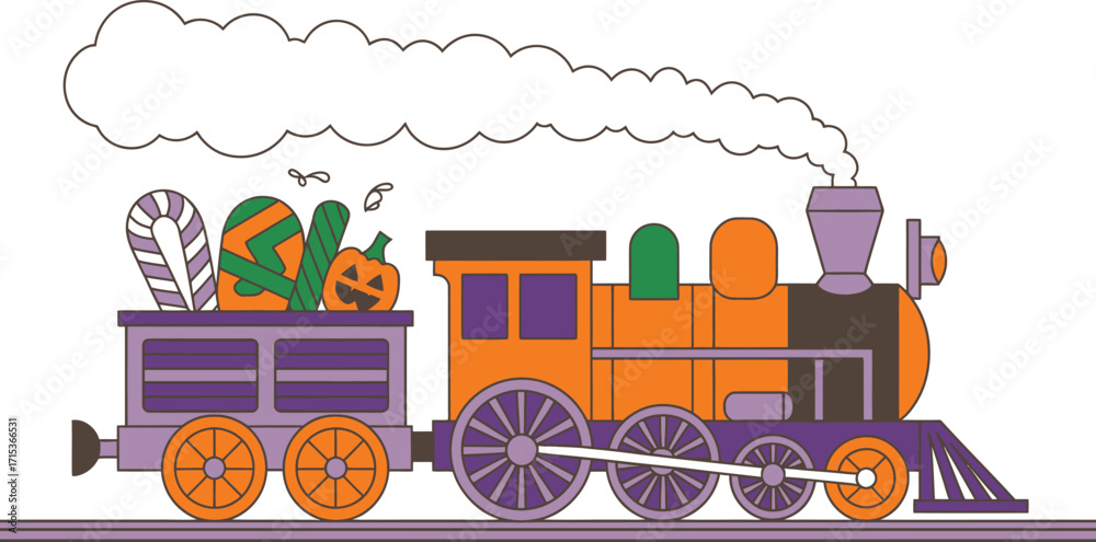 Naklejka premium Halloween train with pumpkins and candy on white background