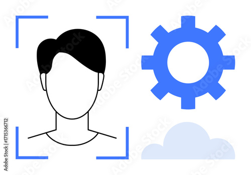 Head outline framed in facial recognition grid, blue gear icon, and cloud concept. Ideal for technology, AI, machine learning, data processing, cloud computing, identity verification innovation
