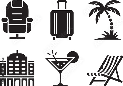 Travel icons: vacation, relaxation, leisure, hotel, and resort