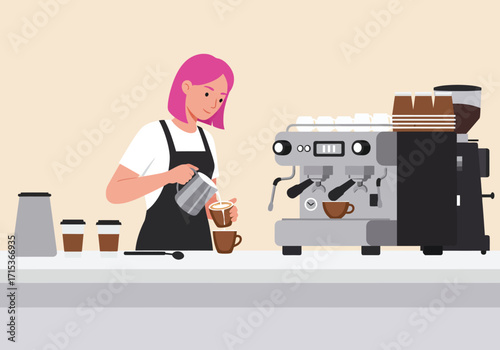 A female barista with pink hair pours steamed milk into a coffee cup, creating latte art on a counter next to an espresso machine.