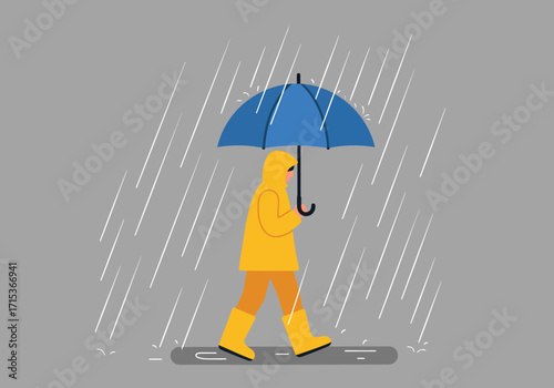 A person in a yellow raincoat and boots walks through falling rain, holding a blue umbrella.