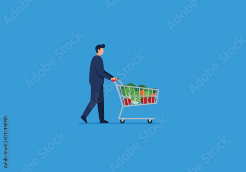 An illustrated man pushes a shopping cart overflowing with fresh groceries and various products.