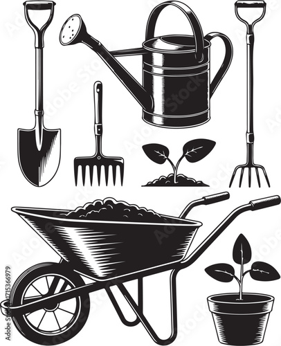 Gardening tools and plants set for cultivation