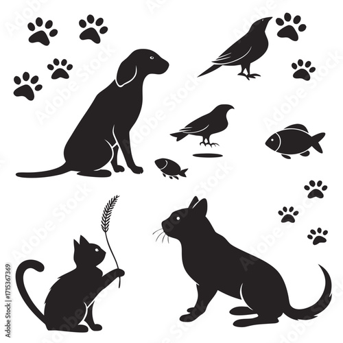 “Pet silhouette vector set: cats, dogs, birds, rabbits, fish, hamsters, paw prints, playful pet icons for animal lovers, veterinary branding, pet shop posters, home pets and domestic animal design”