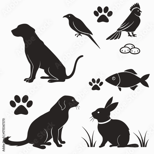 “Pet silhouette vector set: cats, dogs, birds, rabbits, fish, hamsters, paw prints, playful pet icons for animal lovers, veterinary branding, pet shop posters, home pets and domestic animal design”