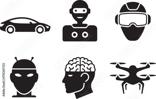 Futuristic tech icons drone, car, VR, robot, brain, android