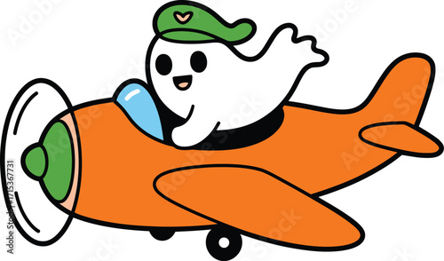 Cute ghost pilot in orange airplane green