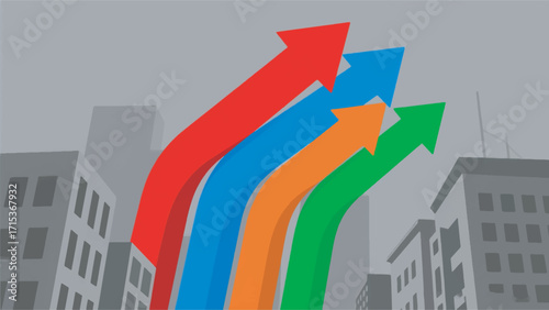 Illustration Of Four Colorful Arrows On A Gray Background Of Buildings Or Urban Structures Vector Design Template