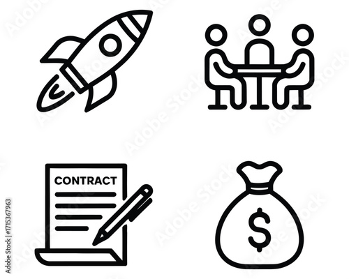 Business Start-Up Icons Rocket, Meeting, Contract, and Money Bag