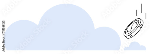 Single coin dropping through minimal cloud shapes, suggesting risk, luck, investment, and the unknown. Ideal for finance, economics, decision-making, innovation probability insurance simple flat
