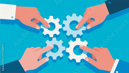 Illustration Of Four Pairs Of Hands Interacting With A Series Of Gears Vector Design Template