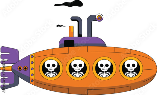 Orange submarine with skeleton crew and purple fins