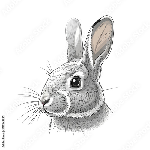 Hand-drawn sketch of a wild rabbit head with long ears and detailed whiskers