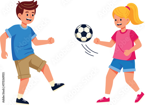 Happy cartoon children playing soccer game, smiling boy and girl kicking football, outdoor activity, fun sports, childhood exercise, teamwork vector illustration