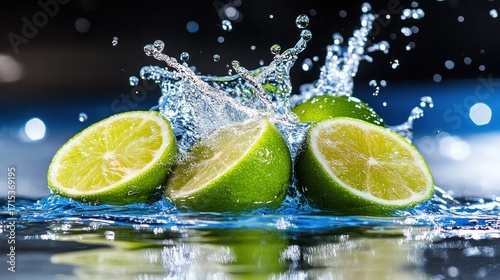 Fresh limes in water with splashing water drops.