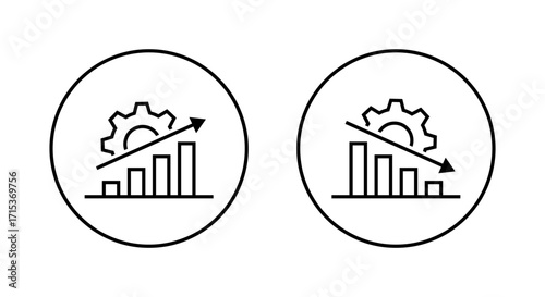 Growth and decline bar chart icon with gear. Business productivity, performance, success, and failure symbol in circular outline