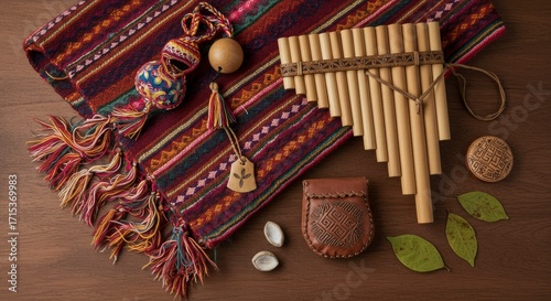Traditional Andean cultural items with zampo?a pan flute and woven aguayo textile.