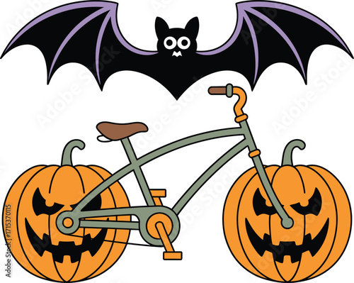 Halloween bat and bicycle with jack o lanterns pumpkin