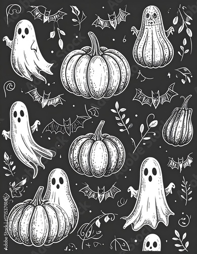 Halloween pattern with ghosts and pumpkins